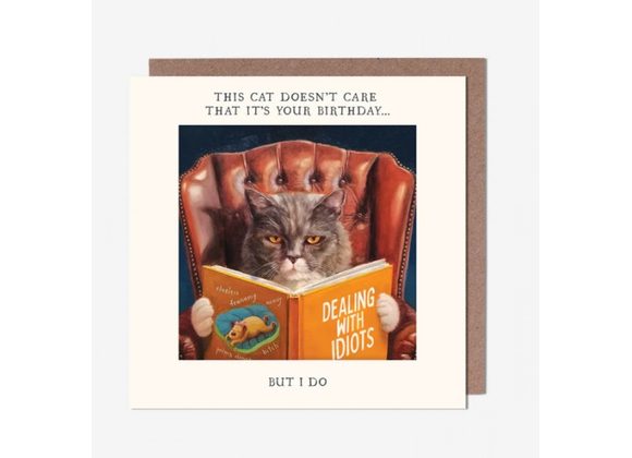Grumpy cat reading doesn't care - Birthday Card by Pigment