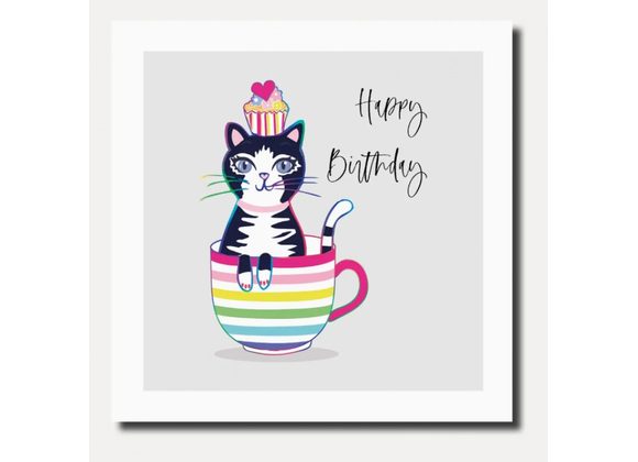 Cat in a Teacup, Happy Birthday Card by Marina B