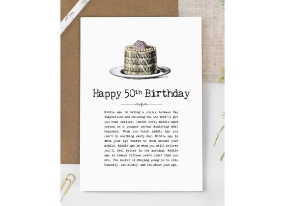 50th Birthday Card with Vintage Cake Illustration
