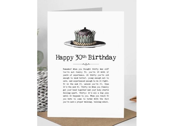30th Birthday Card with Vintage Cake Illustration