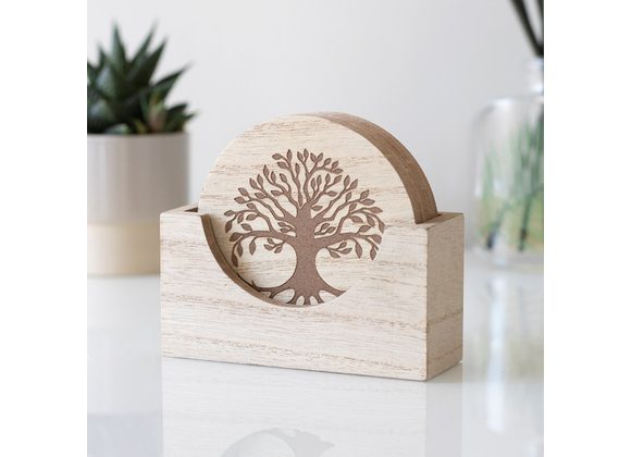 Set of 4 Tree of Life Engraved Coasters & Holder