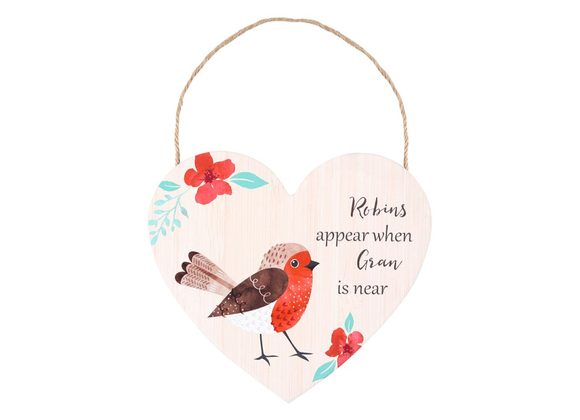 Gran Winter Robin Hanging Heart Sign