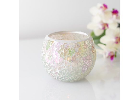 Small White Iridescent Crackle Candle Holder