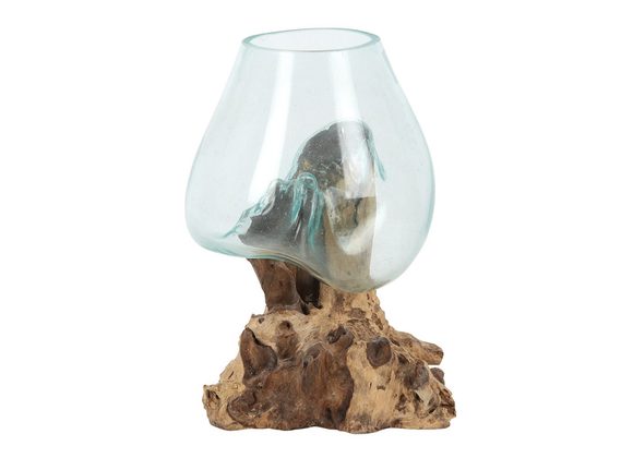 Extra Large Molten Glass Bowl on Root Wood Stand RRP £29.99 STOCK DUE 28/2/22