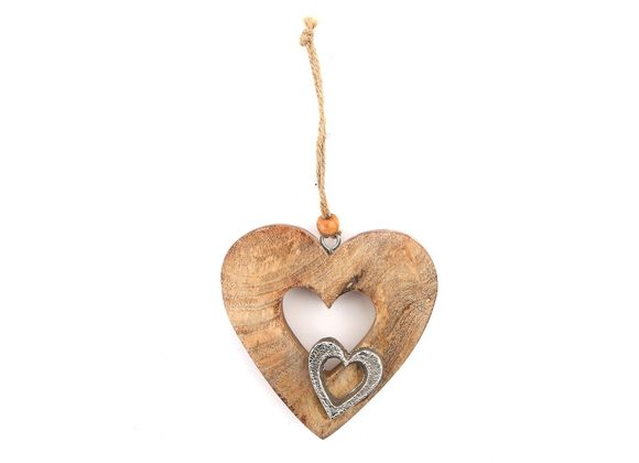 10cm Mango Wood Cut Out Hanging Heart STOCK DUE SOON