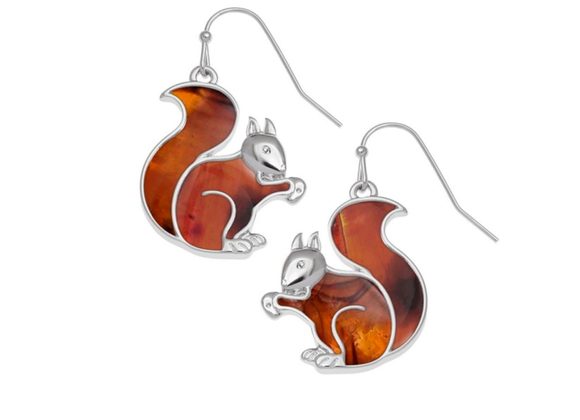 Squirrel design inlaid amber Paua shell drop earrings by Tide Jewellery 