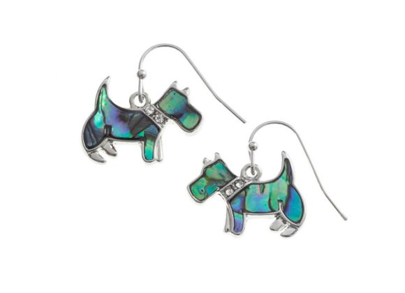 Scottie Dog inlaid Paua shell hook earrings by Tide Jewellery