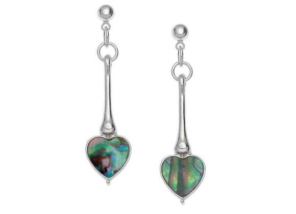 Long heart Inlaid Paua shell drop stud earrings by Tide Jewellery
