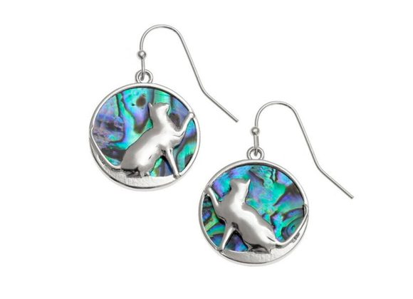 Playful Cat Paua shell  hook earrings by Tide Jewellery