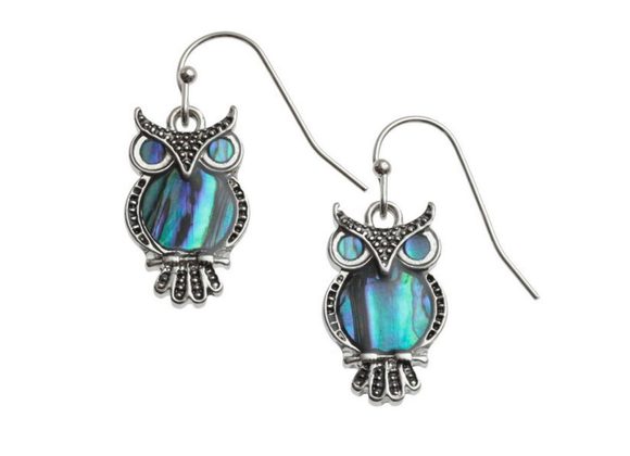 Owl Inlaid Paua shell drop earrings by Tide Jewellery