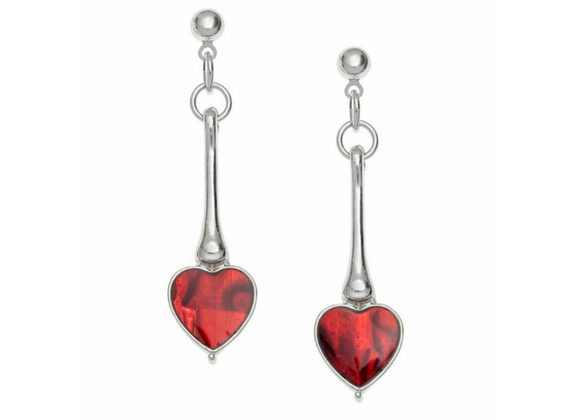 Red Paua shell long Heart drop stud earrings