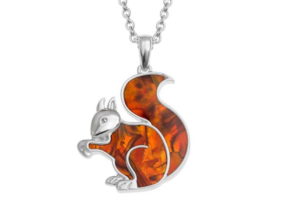 Red Squirrel inlaid amber Paua shell Pendant by Tide Jewellery