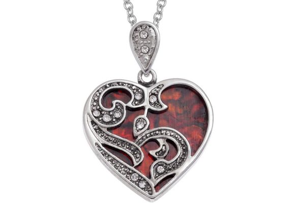 Red Paua shell ornate scrollwork work Heart pendant by Tide Jewellery