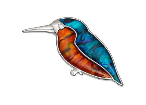 Orange & blue Paua shell Kingfisher brooch by Tide Jewellery