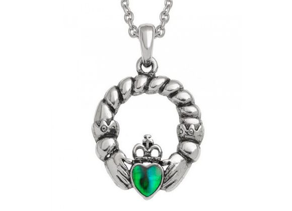 Green Celtic claddagh design inlaid Paua shell pendant by Tide Jewellery