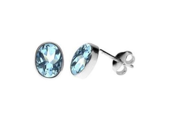 925 Silver Blue Topaz Oval Plain Stud Earrings