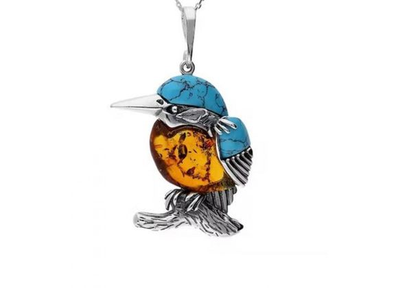 925 Silver Amber & Turquoise Kingfisher Pendant and Chain