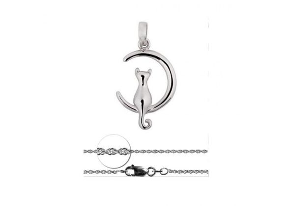 925 Silver Cat on Moon Pendant & Chain