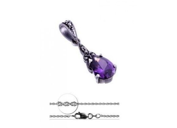 925 Silver Marcasite & Amethyst Cubic Zirconia Pendant and Chain
