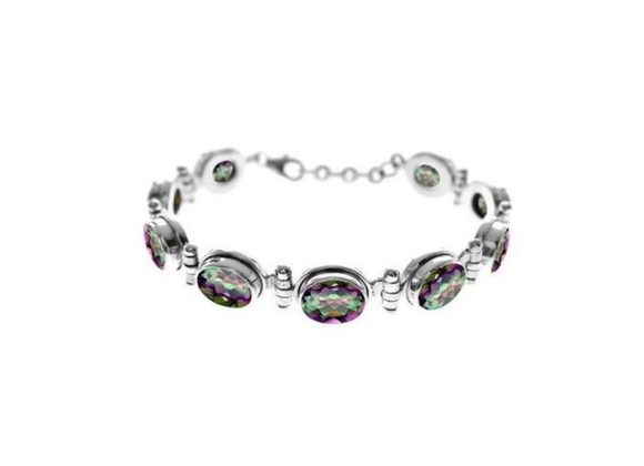 925 Silver Heavyweight faceted oval Mystic Topaz Bracelet