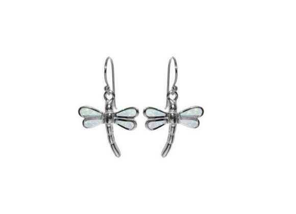 925 Silver & White Opalique Dragonfly Drop Earrings