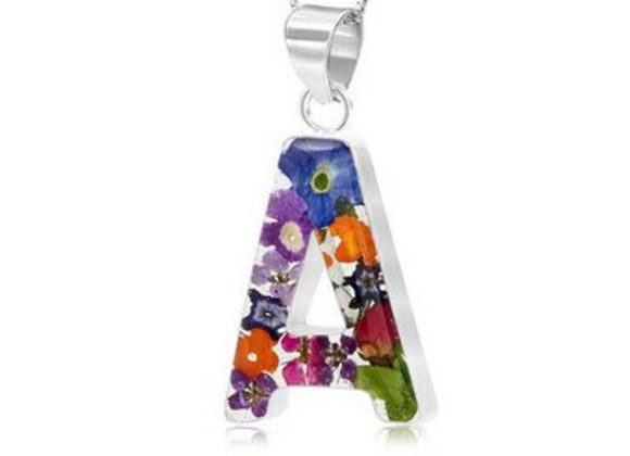 Sterling silver Initials A-Z with real Flowers Pendant & Chain