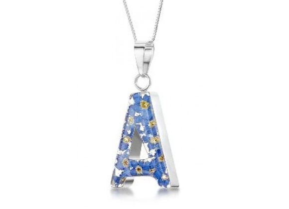 Sterling silver Initials A-Z with real forget-me-not Flowers Pendant & Chain