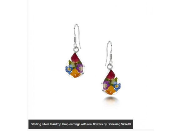 Sterling silver teardrop Drop earrings with real flowers by Shrieking Violet®