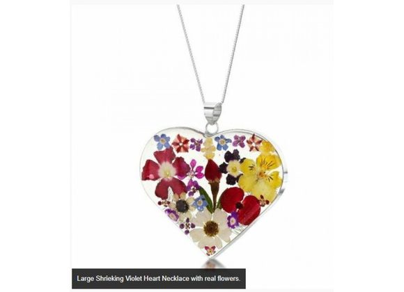 Large Shrieking Violet Heart Necklace with real flowers.