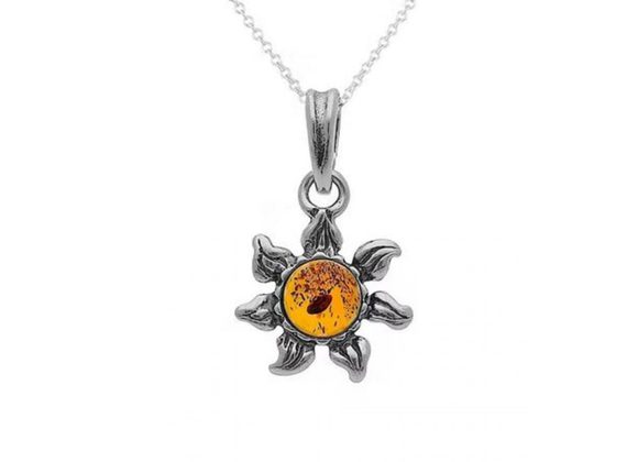 925 Silver & Amber Dainty Flower Pendant and Chain