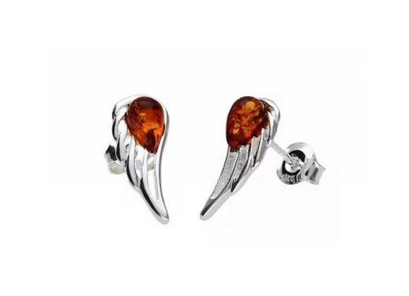925 Silver Pretty Amber Angel Wing Stud Earrings