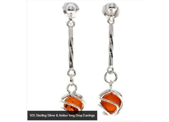 925 Sterling Silver & Amber long Drop Earrings