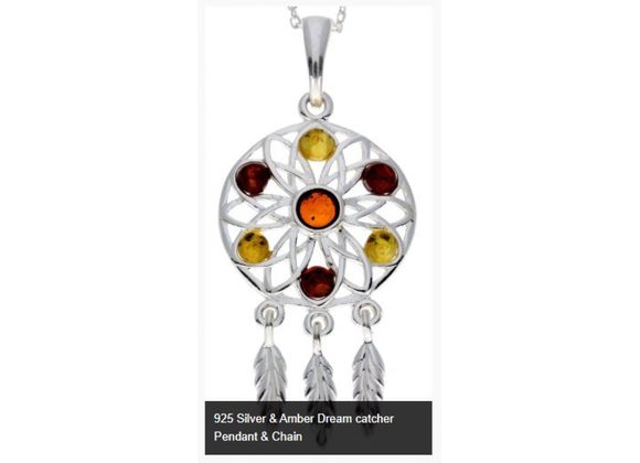 925 Silver & Amber Dream catcher Pendant & Chain