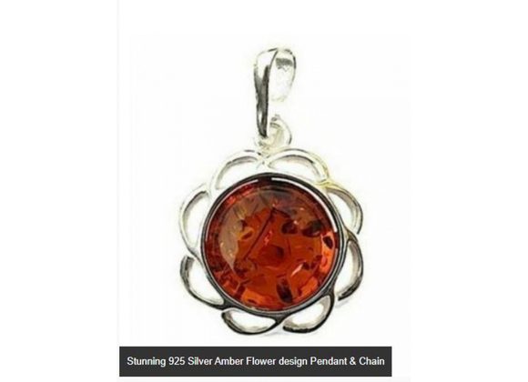 Stunning 925 Silver Amber Flower design Pendant & Chain