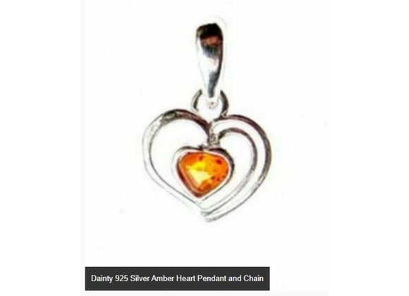 Dainty 925 Silver Amber Heart Pendant and Chain