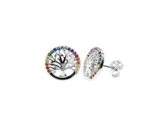 925 Silver Rainbow CZ Tree Of Life Stud Earrings