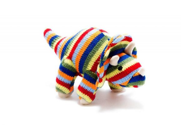 Triceratops Dinosaur Knitted Rattle Rainbow Stripe