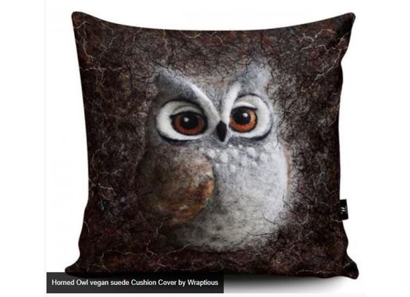 Horned Owl vegan suede Cushion Cover by Wraptious