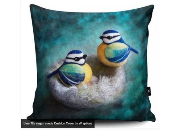 Blue Tits vegan suede Cushion Cover by Wraptious