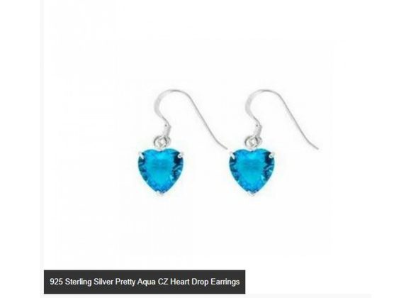 925 Sterling Silver Pretty Aqua CZ Heart Drop Earrings
