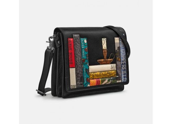 Black Leather Dickens Bookworm Flap Over Cross Body Bag by YOSHI