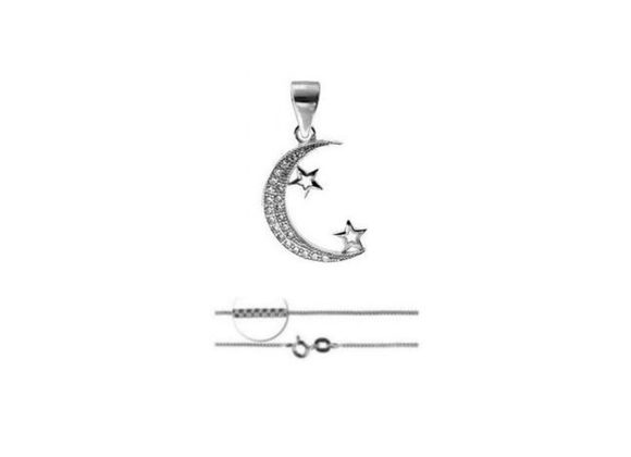 925 Siver & CZ Moon and Stars Pendant & Chain