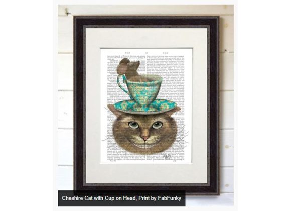 Cheshire Cat with a mouse in a Cup on Head, Print by FabFunky