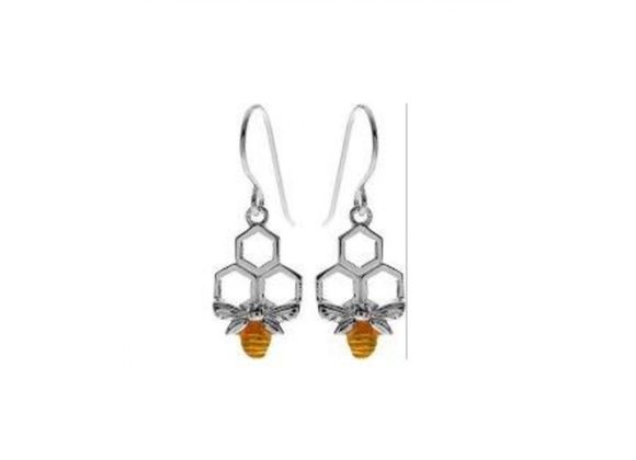 925 Silver Honeycomb & Bee Drop Earrings