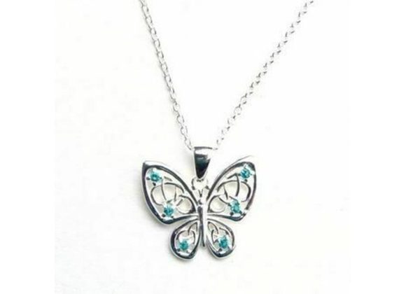 925 Silver Aqua Butterfly Pendant & Chain
