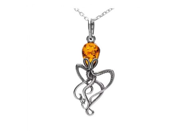 925 Silver & Amber Octopus Pendant and Chain