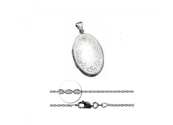 Large Oval 925 Silver Engraved Floral Locket & Chain