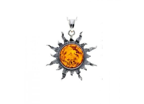 925 Silver Amber Sunburst Pendant & Chain