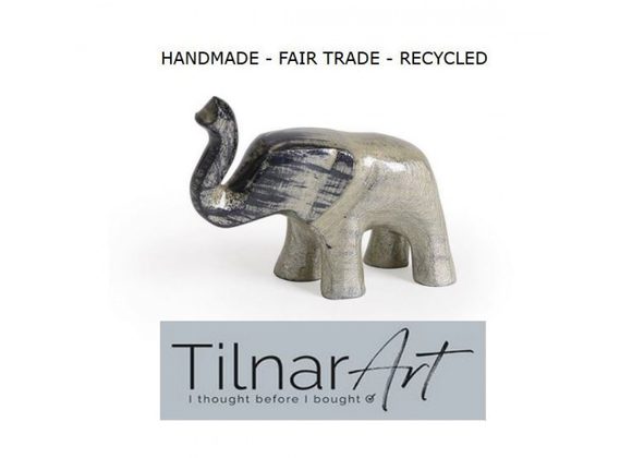 Recycled Aluminum Elephant with Trunk Up by Tilnar Art - Silver