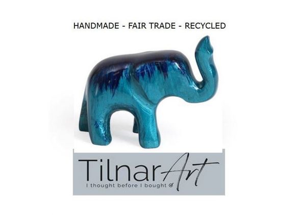 Recycled Aluminum Elephant with Trunk Up by Tilnar Art - Aqua